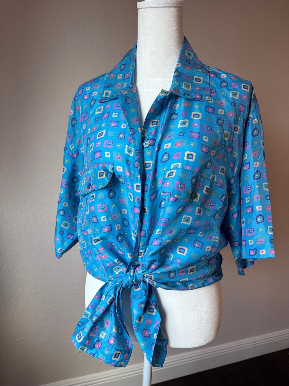 Vintage Swell 100% Silk Abstract Button Down Shirt Blue M L